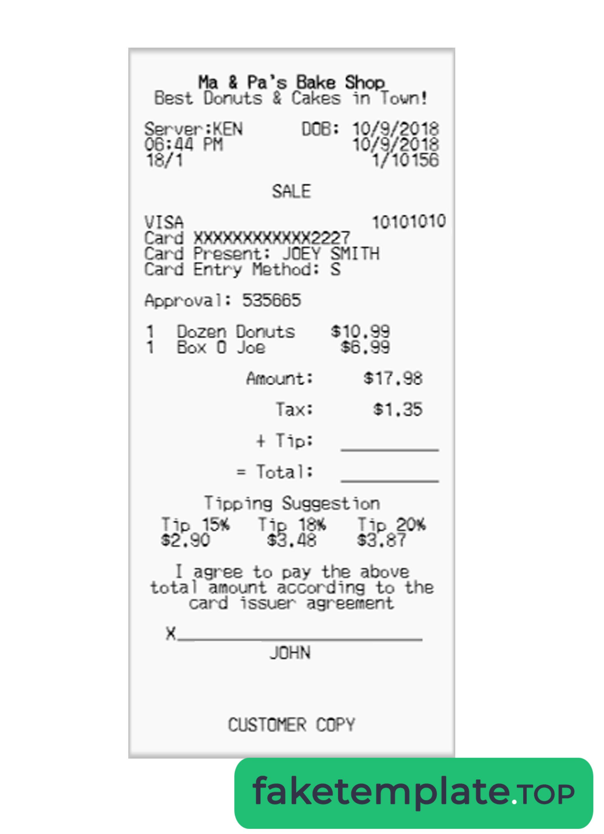 Feature of fake MA & PA'S BAKE SHOP receipt example